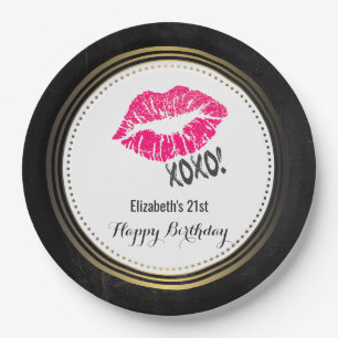 Stylish Pink Kissy Lips with xoxo! Happy Birthday Paper Plate