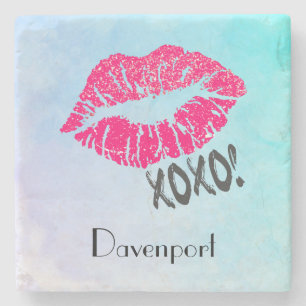 Stylish Pink Kissy Lips with xoxo! Personalized Stone Coaster