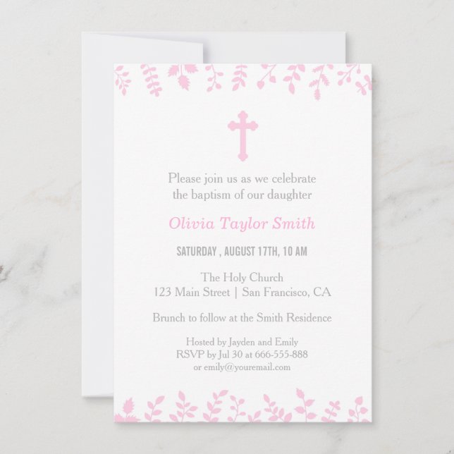 Stylish Pink Leaves Cross Baptism Invitations (Front)