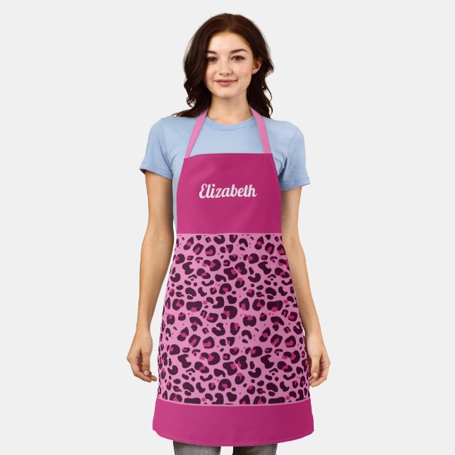 Stylish pink leopard print trendy girly with name apron (Worn)