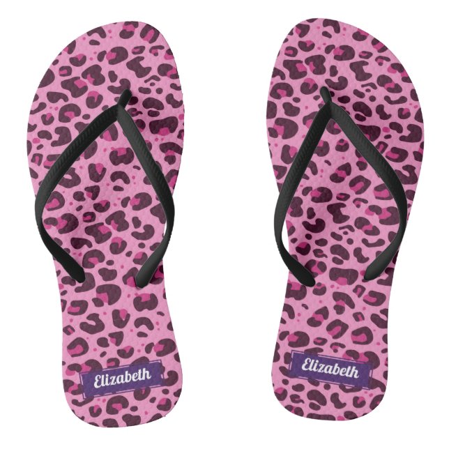 Stylish pink leopard spots with name flip flops (Footbed)