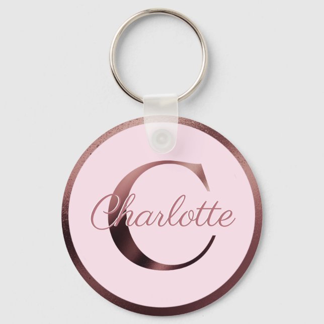Stylish Pink Letter C Rose Gold Metallic Monogram Keychain (Front)