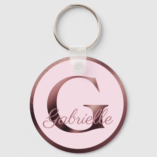 Stylish Pink Letter G Rose Gold Metallic Monogram Keychain (Front)