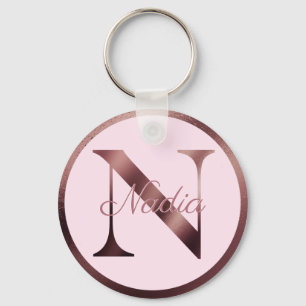 Stylish Pink Letter N Rose Gold Metallic Monogram Keychain