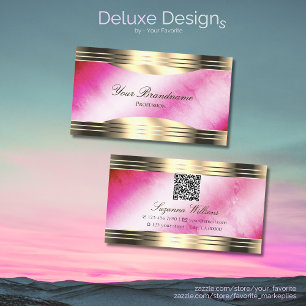 Stylish Pink Marble Chic Gold Borders with QR Code Business Card