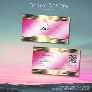 Stylish Pink Marble Gold Borders Logo and QR Code Business Card