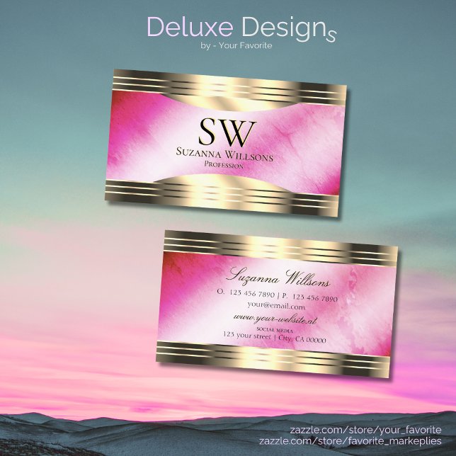 Stylish Pink Marble Gold Borders with Monogram Business Card (Creator Uploaded)