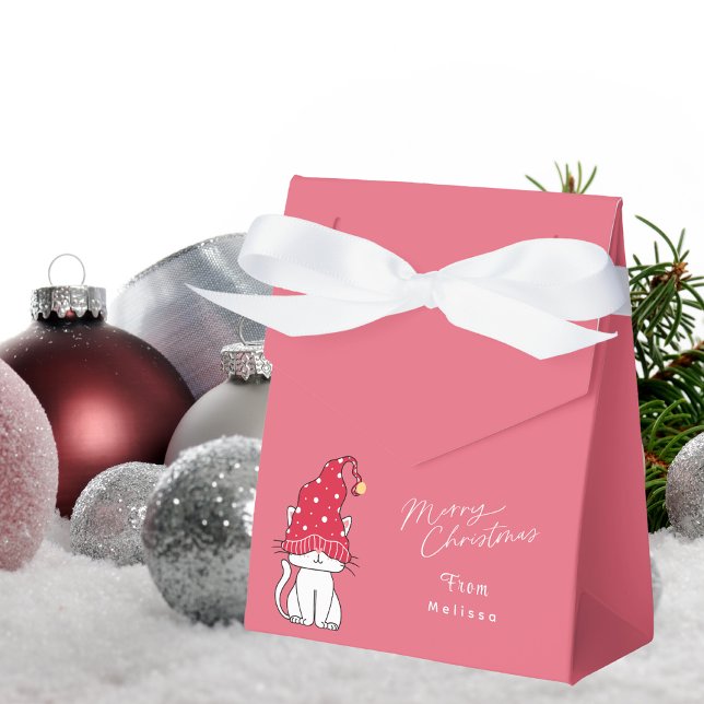 Stylish Pink Merry Christmas Modern Cute Cat Favor Box (Creator Uploaded)