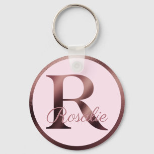 Stylish Pink Metallic Rose Gold Monogram Letter R Keychain