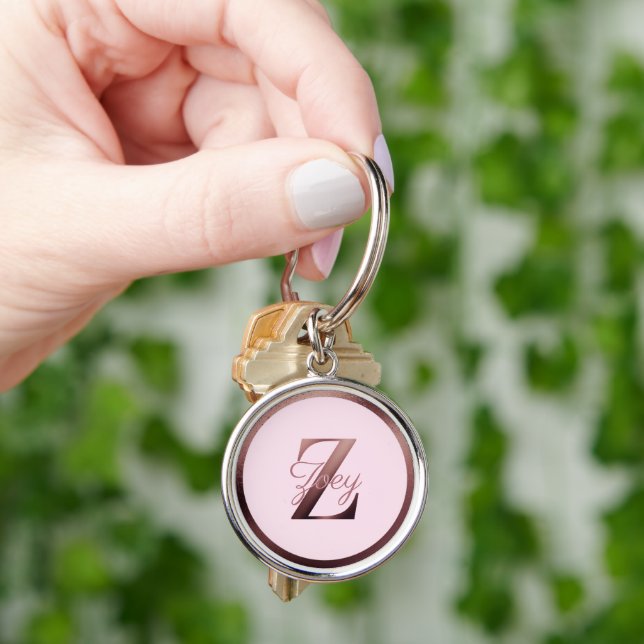 Stylish Pink Metallic Rose Gold Monogram Letter Z Keychain (Hand)