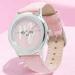 Stylish Pink Modern Script Girls Monogram Name Watch<br><div class="desc">The Stylish Pink Modern Script Girls Monogram Name Watch is a beautiful blend of elegance and personalization. Featuring a soft pink strap and a sleek watch face, this timepiece is adorned with a monogram in a modern script font, adding a unique, custom touch. Perfect for everyday wear, this watch combines...</div>