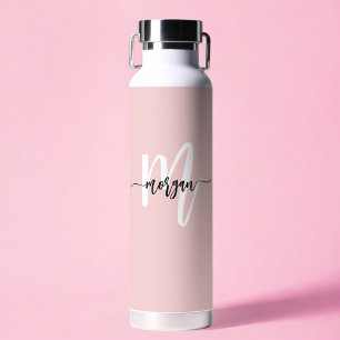 Stylish Pink Modern Script Girly Monogram Name Water Bottle
