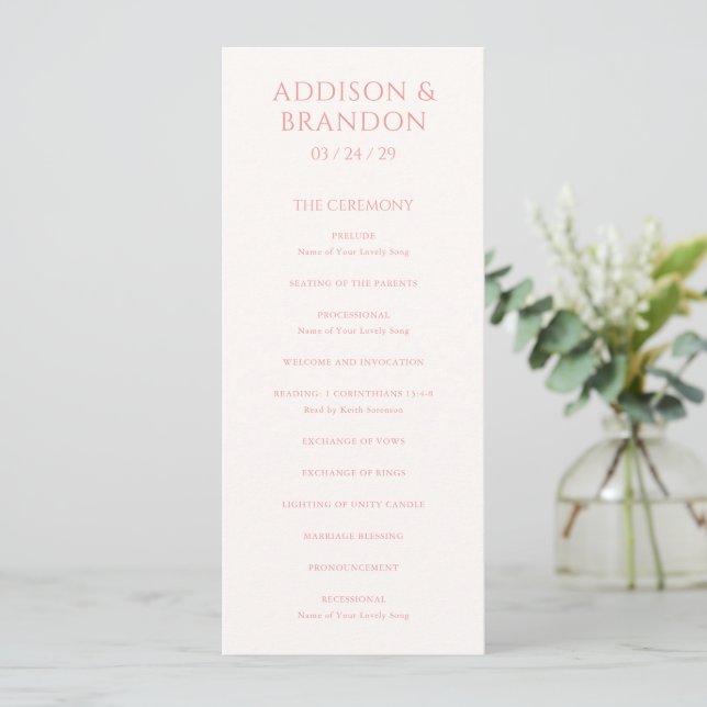 Stylish Pink Modern Wedding Program (Standing Front)