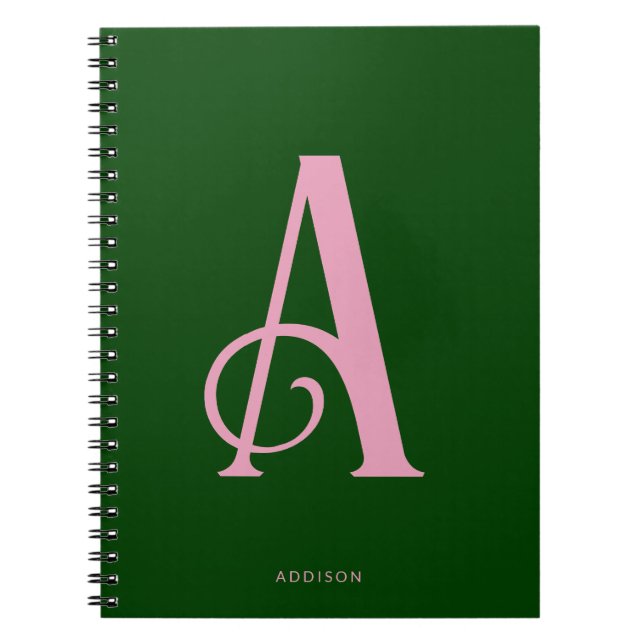 Stylish Pink Monogram Initial on Dark Green Notebook (Front)