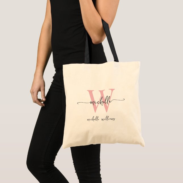 Stylish Pink Monogram Name Girly Script Tote Bag (Front (Product))