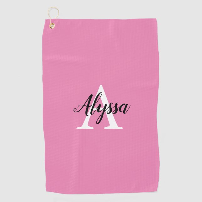 Stylish Pink Monogram Script Golf Towel (Front)