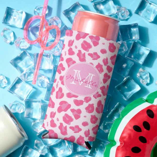 Stylish Pink on Pink Leopard Print | Monogram   Seltzer Can Cooler (In Situ Summer)