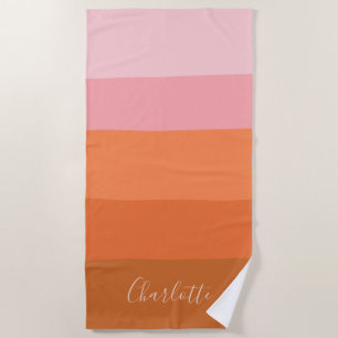 Stylish Pink Orange Abstract Stripes Script Name  Beach Towel