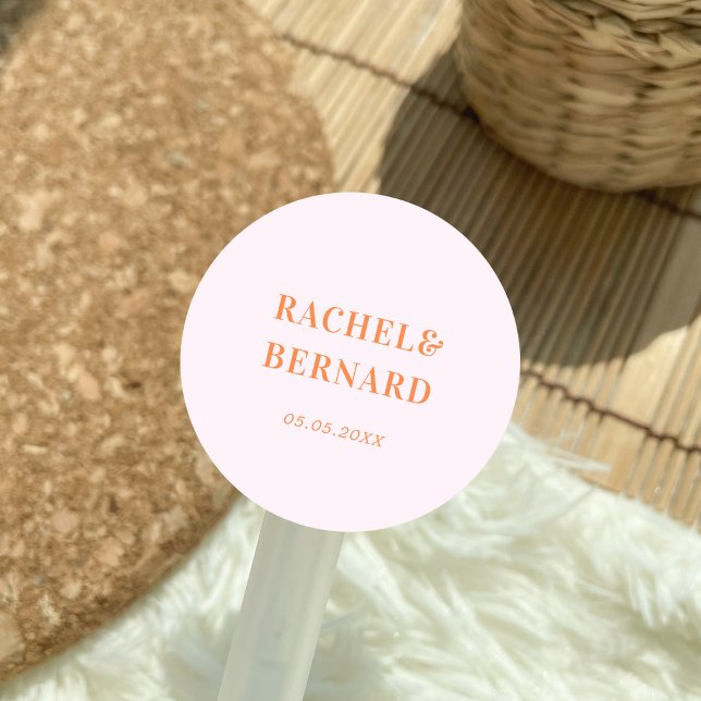 Stylish Pink & Peach Orange Typography Wedding Classic Round Sticker (Creator Uploaded)