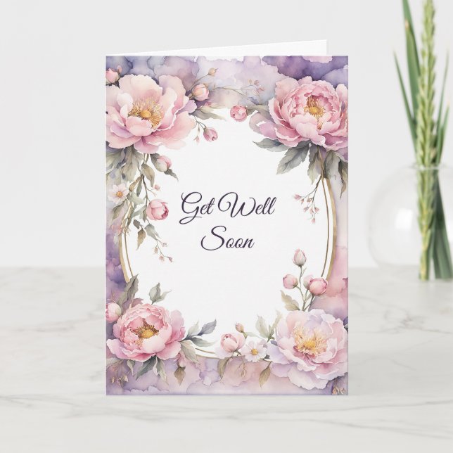 Stylish Pink Peony Oval Frame Get Well Card (Front)