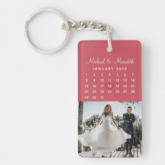 Stylish Pink Photo Wedding Anniversary Calendar Keychain (Front)