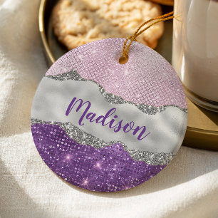 Stylish pink Purple glittery silver girly monogram Ceramic Ornament