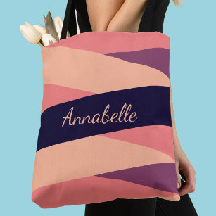 Stylish Pink & Purple Stripes Monogram Name Tote Bag