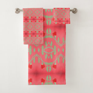 Stylish Pink Red And Mint Green Floral Bath Towel Set