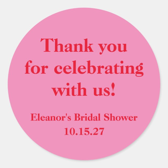 Stylish Pink Red Custom Bridal Shower Thank You Classic Round Sticker (Front)