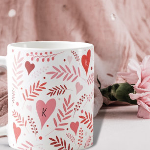 Stylish Pink Red Heart Pattern Monogram Valentines Coffee Mug