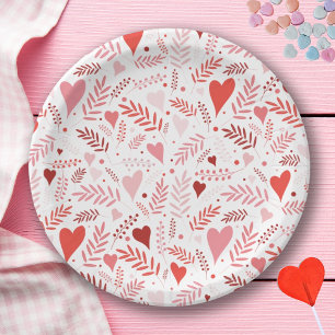 Stylish Pink Red Heart Pattern Valentines Paper Plate