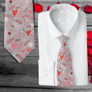 Stylish Pink Red Hearts Leaves Pattern Valentines Tie