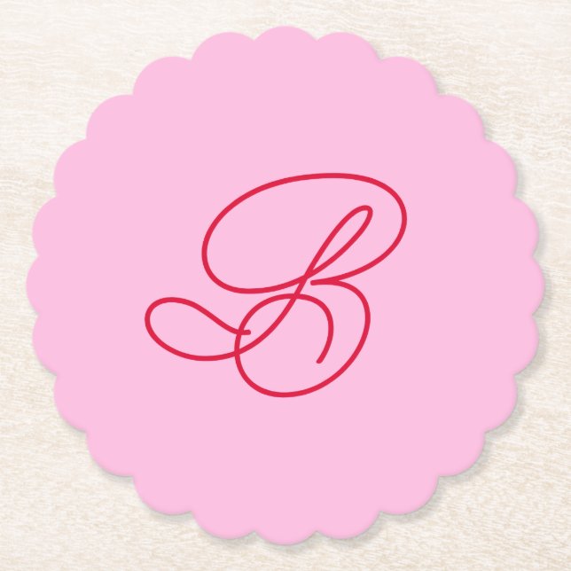 Stylish Pink & Red Monogram Initial Restaurant Bar Paper Coaster (Front)