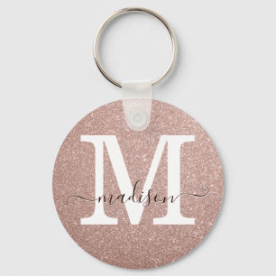 Stylish Pink Rose Gold Glitter Monogram Script Keychain