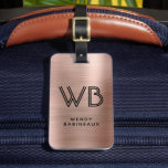 Stylish Pink Rose Gold Metal Two Monogram Initial  Luggage Tag<br><div class="desc">Elegant Chic Stylish Two Monogram Initial Name Rose Gold Metal Custom Personalized Luggage Bag Tag. This design featuring full name typography with 2 monogram initial (in double line typeface font style), address info on faux Rose Gold Brushed metal (Pink Rose gold metallic foil look) background. These are easy to customize...</div>