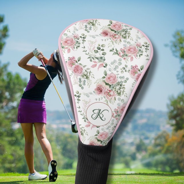 Stylish Pink Roses Name Monogram Golf Head Cover (Creator Uploaded)