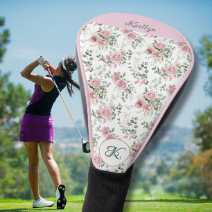 Stylish Pink Roses Name Monogram Golf Head Cover