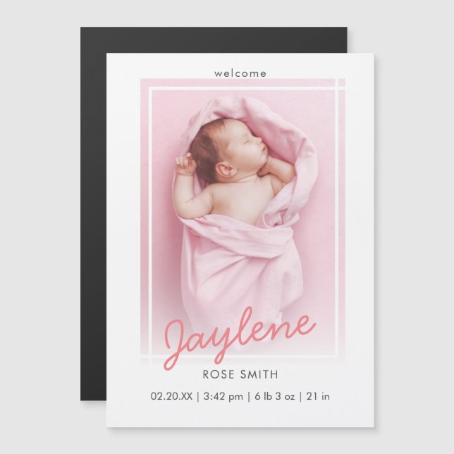 Stylish Pink Script Photo Birth Announcement (Front/Back)