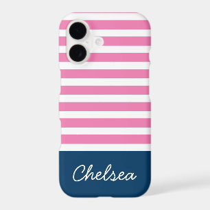 Stylish Pink Stripes Blue Name