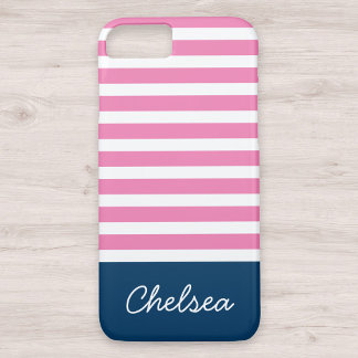 Stylish Pink Stripes Blue Name iPhone 8/7 Case