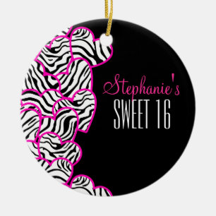 Stylish Pink Sweet 16 Zebra Heart Design Name Ceramic Ornament