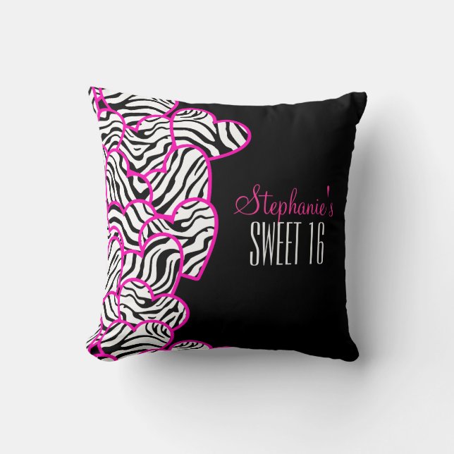 Stylish Pink Sweet 16 Zebra Heart Design Name  Throw Pillow (Front)