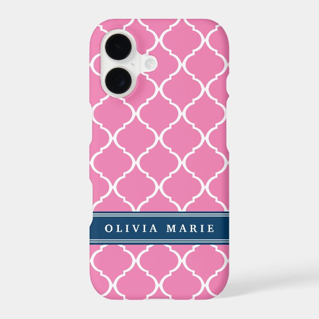 Stylish Pink Trellis Pattern Navy Blue Nameplate (Back)