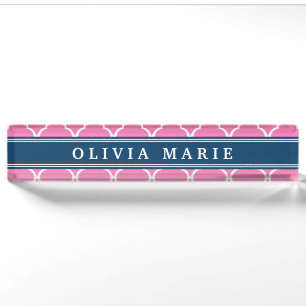 Stylish Pink Trellis Pattern Navy Blue Nameplate