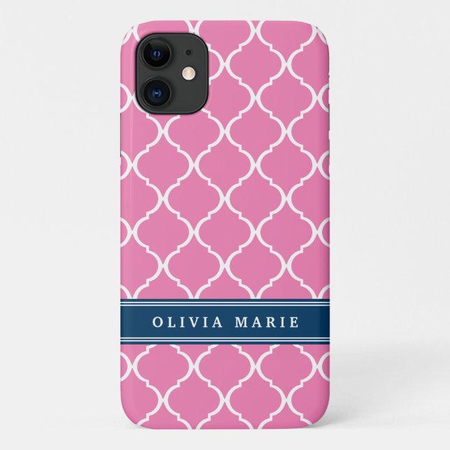 Stylish Pink Trellis Pattern Navy Blue Nameplate Case-Mate iPhone Case (Back)