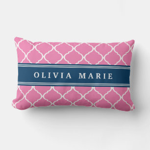 Stylish Pink Trellis Pattern Navy Blue Nameplate Lumbar Pillow