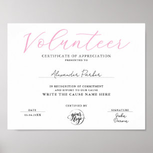Stylish Pink Volunteer Certificate Of Appreciation Poster