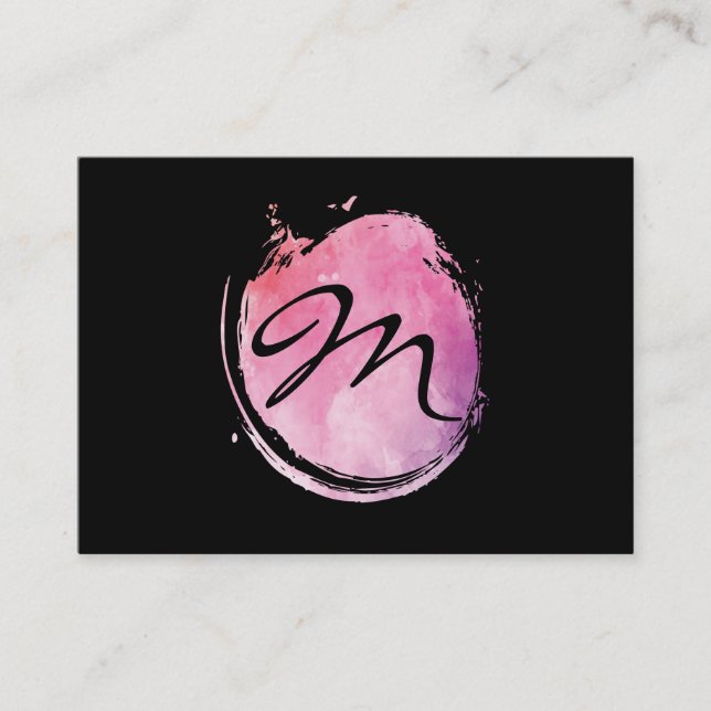 Stylish Pink Water Colour Monogram Fancy Text Business Card (Front)