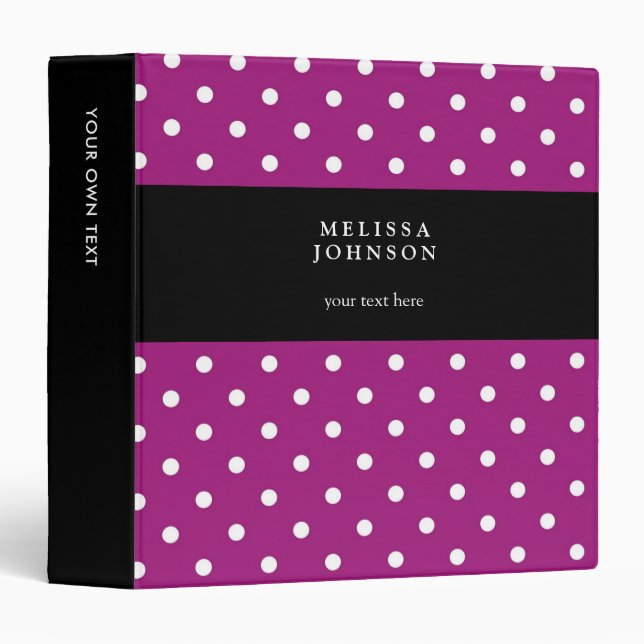 Stylish Pink & white polka dots black personalized Binder (Front/Spine)