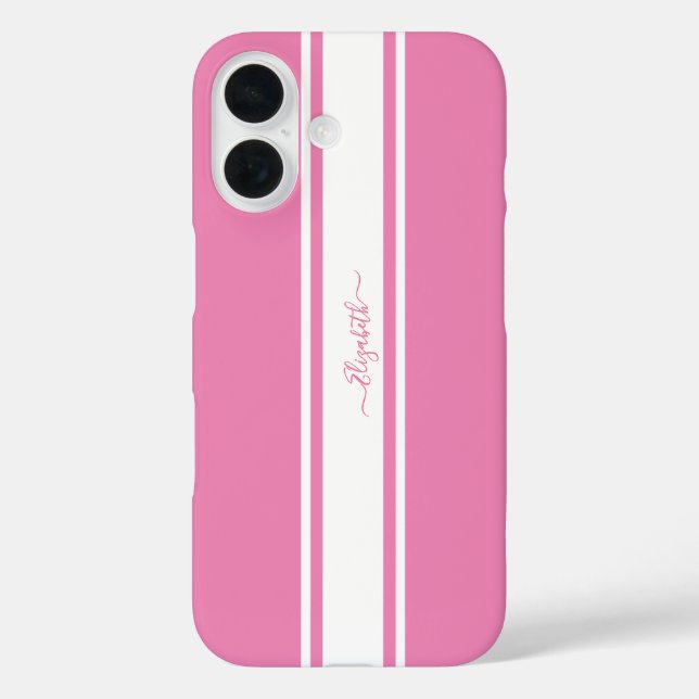 Stylish Pink White Racing Stripes Monogrammed Chic Case-Mate iPhone Case (Back)